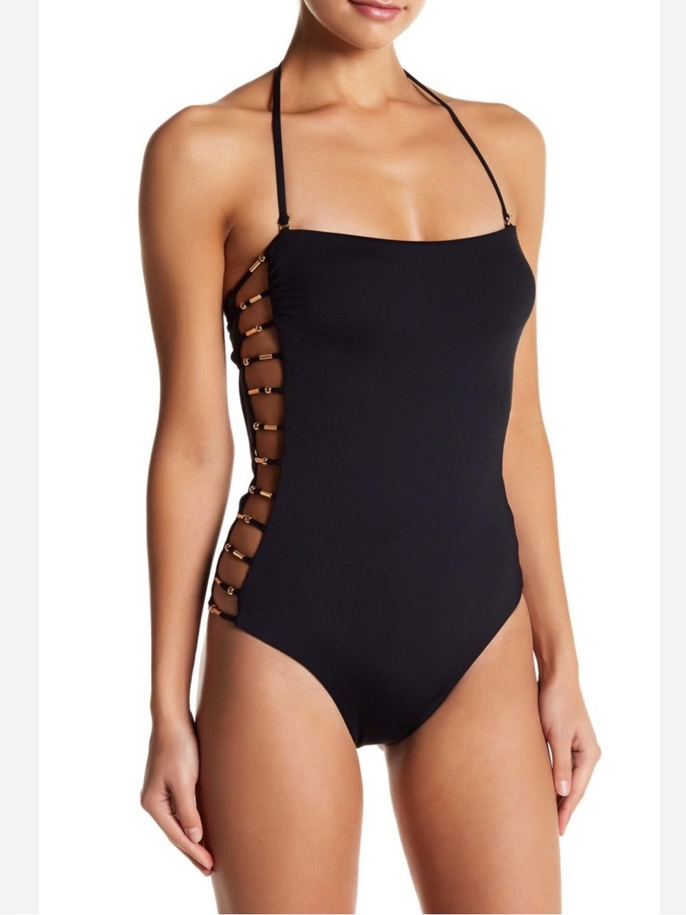 Trina Turk Riviera Black Bandeau One Piece Swimsuit Gold Beaded